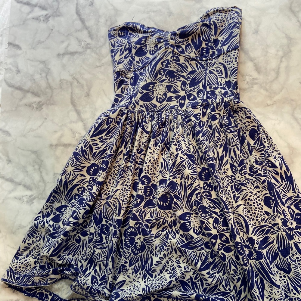 strapless blue and white flower dress